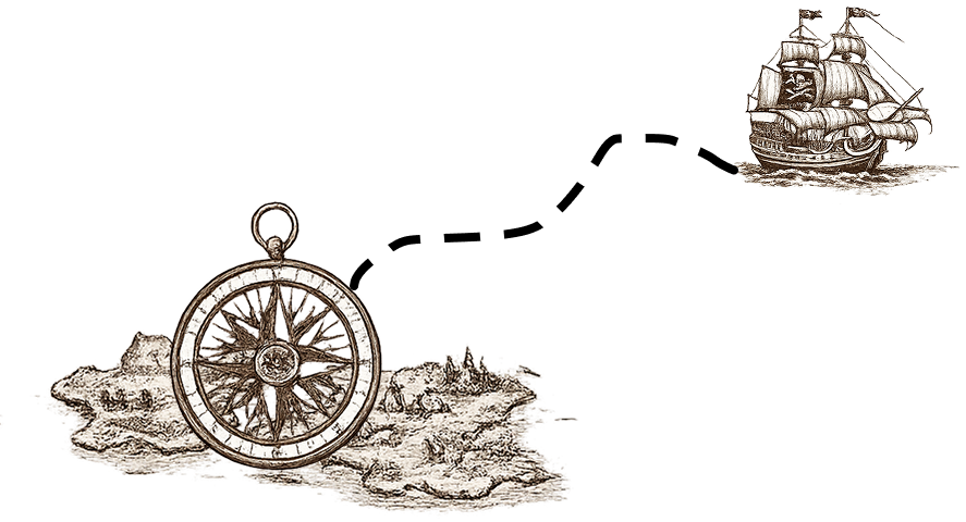 chemin d'une bateau en vers une boussole, le tout dans un style gravure