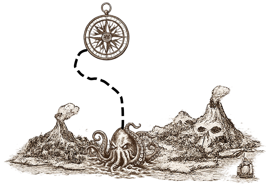 chemin d'une boussole en vers un monstre semblable à une pieuvre, le tout dans un style gravure