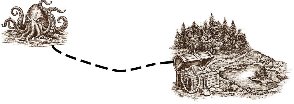 chemin d'un monstre semblable à une pieuvre en vers un trésor, le tout dans un style gravure