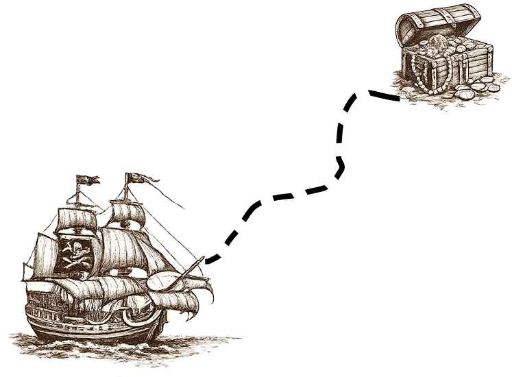 chemin d'un bateau en vers un trésor, le tout dans un style gravure