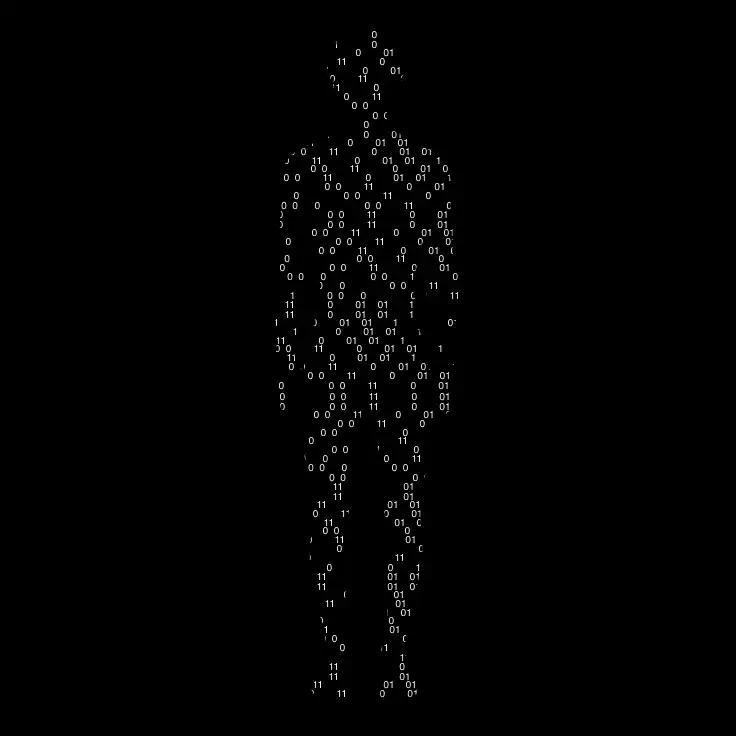 Silhouette humaine composée de code binaire en blanc sur fond noir