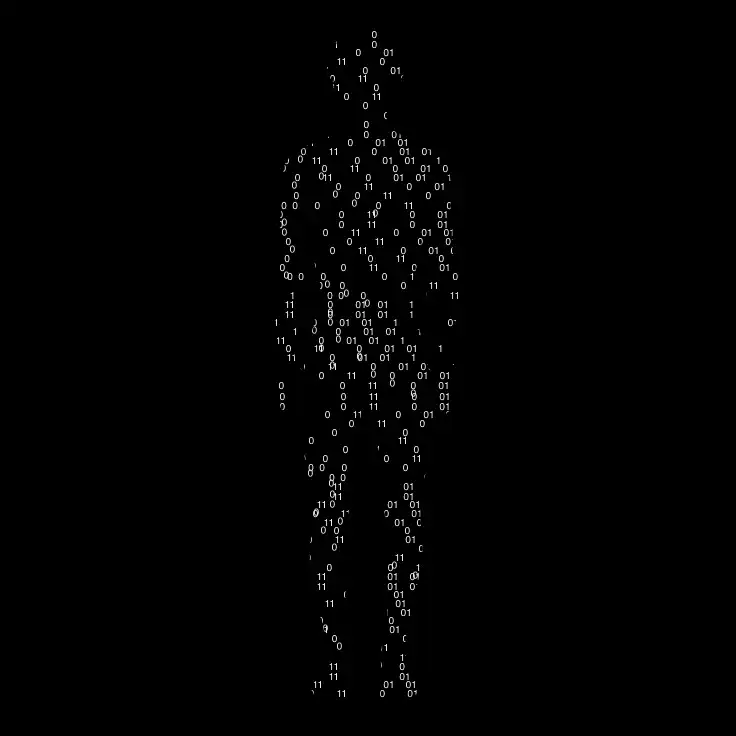 Silhouette humaine composée de code binaire en blanc sur fond noir