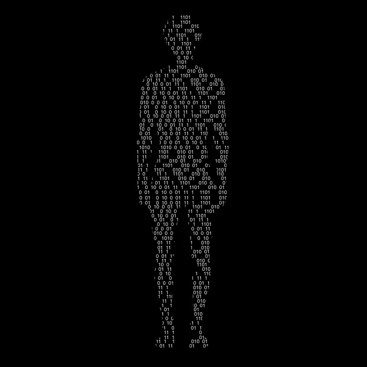 Silhouette humaine composée de code binaire en blanc sur fond noir