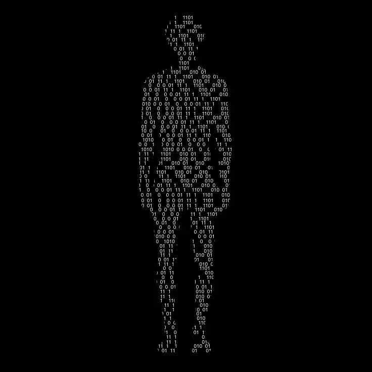 Silhouette humaine composée de code binaire en blanc sur fond noir