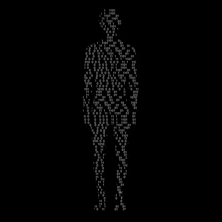 Silhouette humaine composée de code binaire en blanc sur fond noir