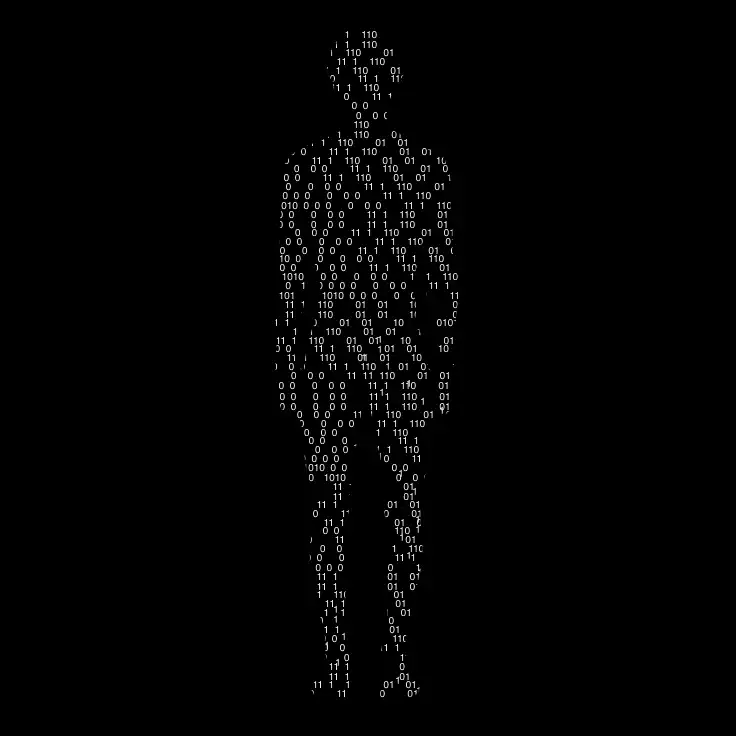 Silhouette humaine composée de code binaire en blanc sur fond noir