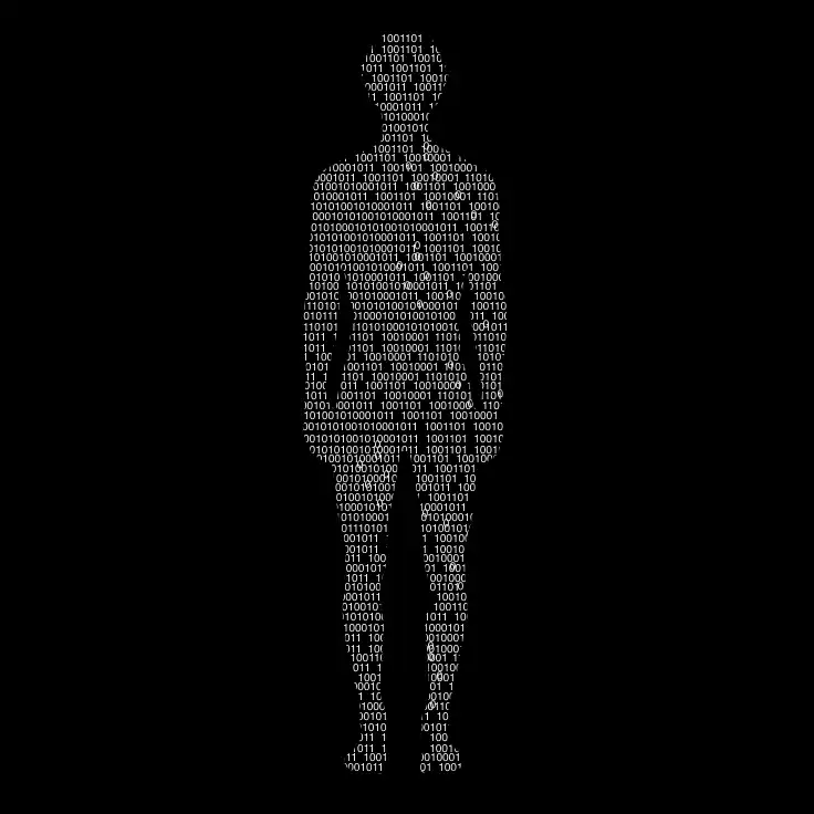 Silhouette humaine composée de code binaire en blanc sur fond noir