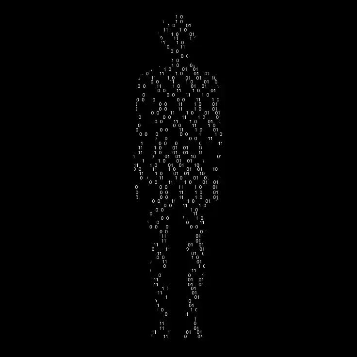 Silhouette humaine composée de code binaire en blanc sur fond noir