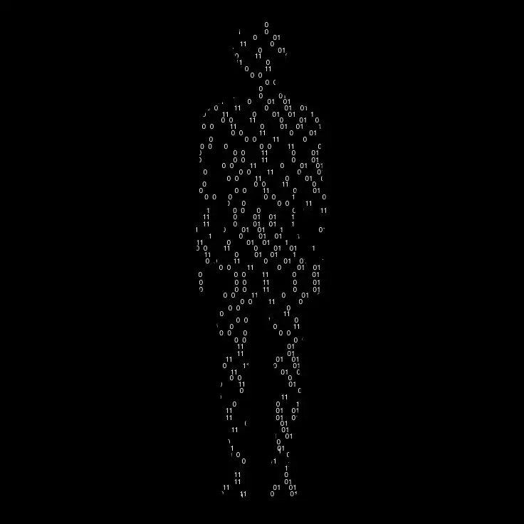 Silhouette humaine composée de code binaire en blanc sur fond noir