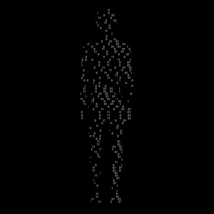 Silhouette humaine composée de code binaire en blanc sur fond noir