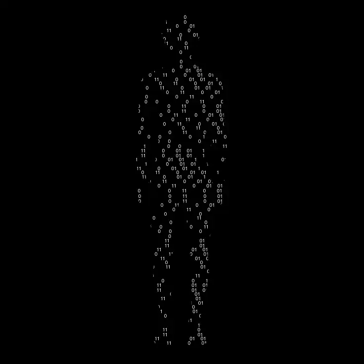 Silhouette humaine composée de code binaire en blanc sur fond noir
