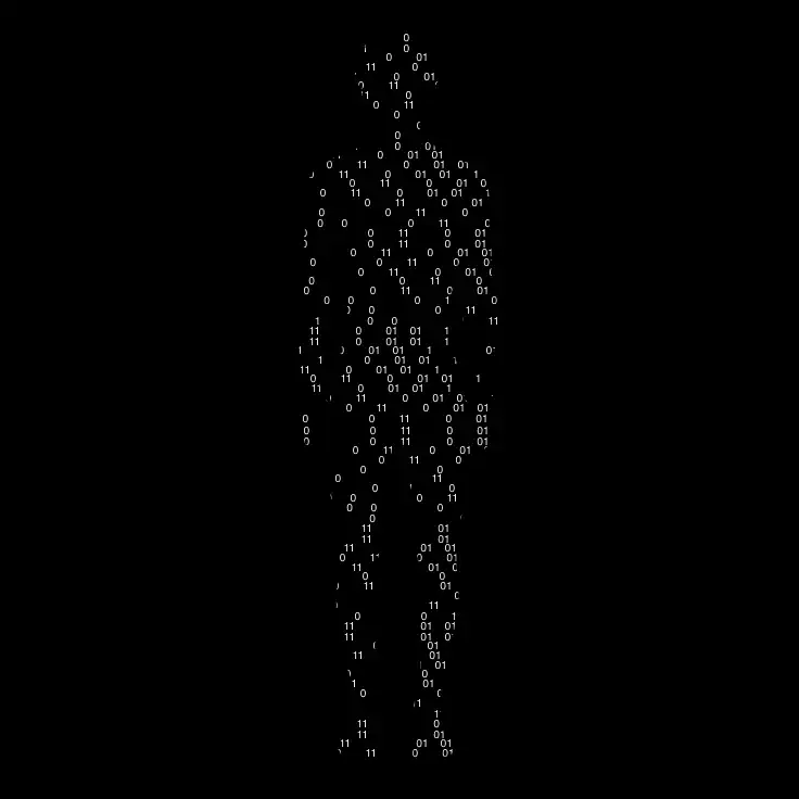 Silhouette humaine composée de code binaire en blanc sur fond noir