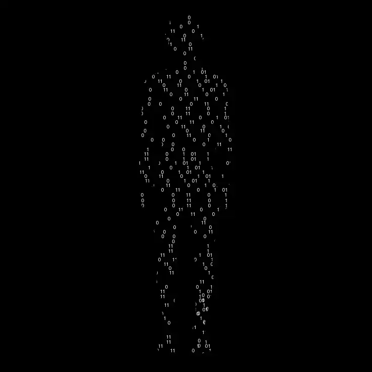 Silhouette humaine composée de code binaire en blanc sur fond noir