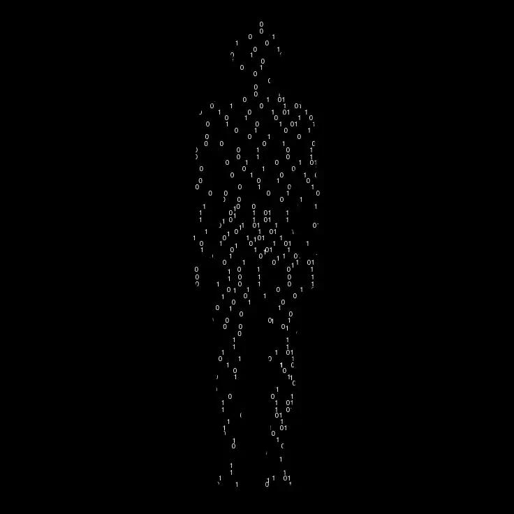 Silhouette humaine composée de code binaire en blanc sur fond noir