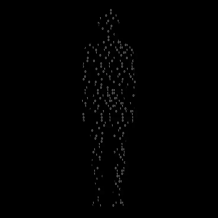 Silhouette humaine composée de code binaire en blanc sur fond noir