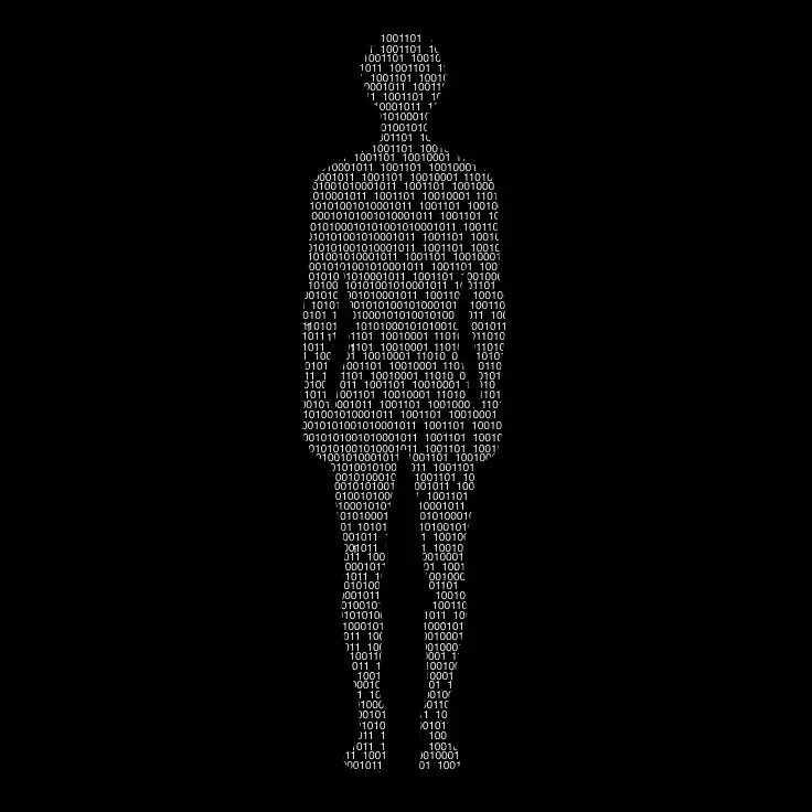 Silhouette humaine composée de code binaire en blanc sur fond noir