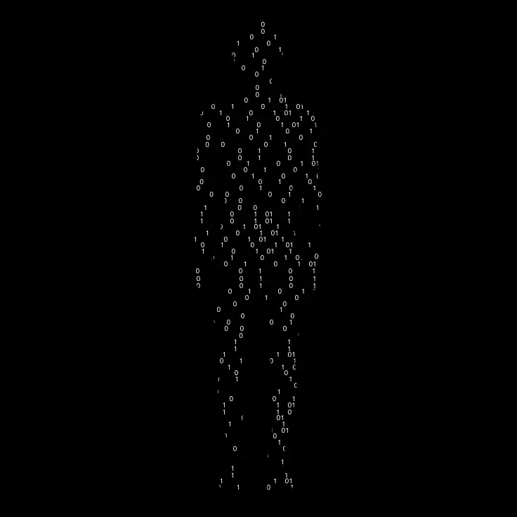 Silhouette humaine composée de code binaire en blanc sur fond noir
