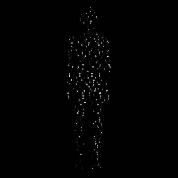 Silhouette humaine composée de code binaire en blanc sur fond noir