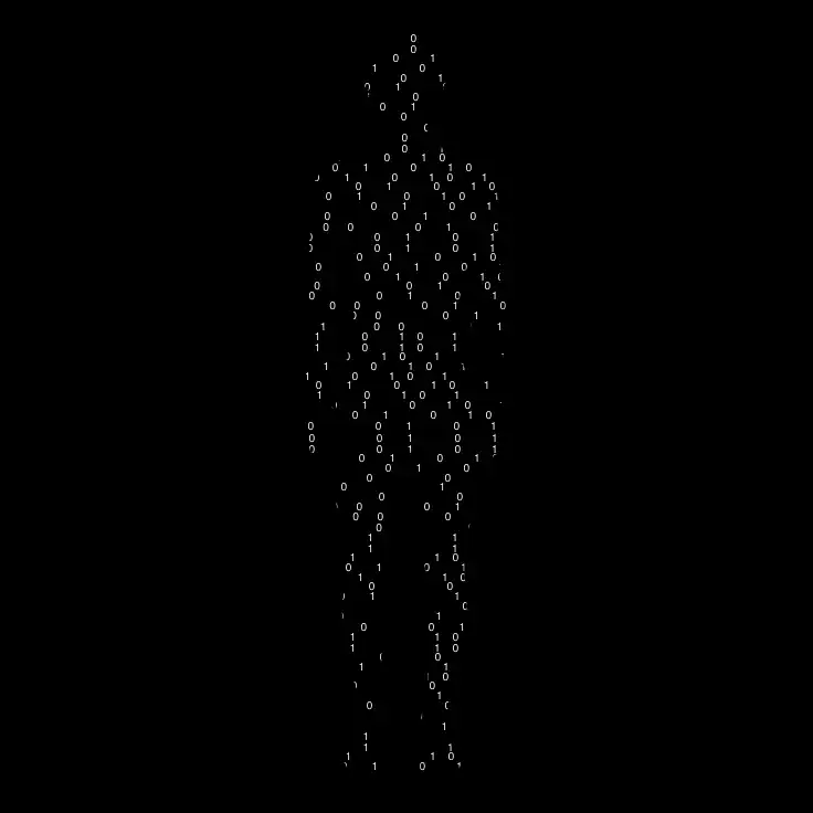 Silhouette humaine composée de code binaire en blanc sur fond noir