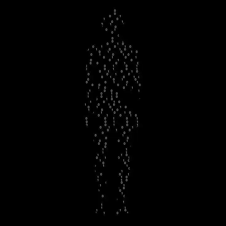 Silhouette humaine composée de code binaire en blanc sur fond noir