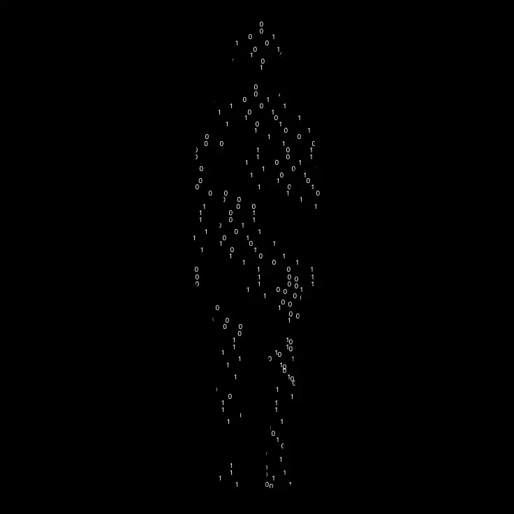 Silhouette humaine composée de code binaire en blanc sur fond noir