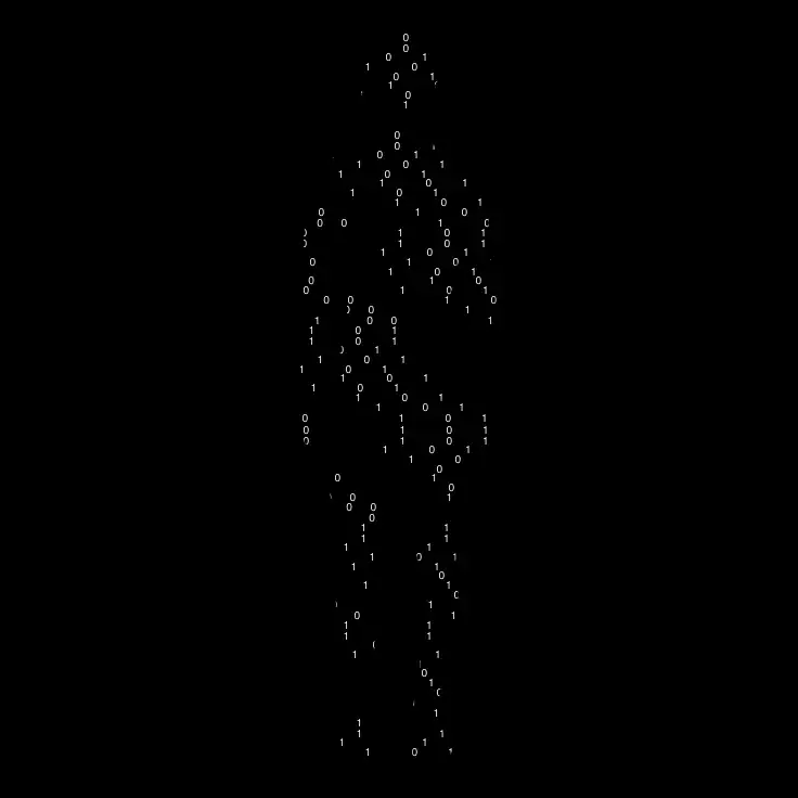 Silhouette humaine composée de code binaire en blanc sur fond noir