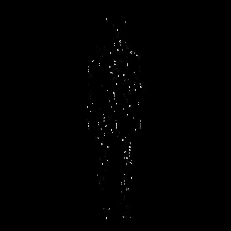 Silhouette humaine composée de code binaire en blanc sur fond noir