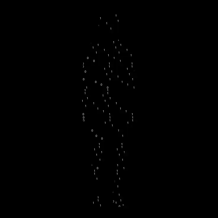 Silhouette humaine composée de code binaire en blanc sur fond noir