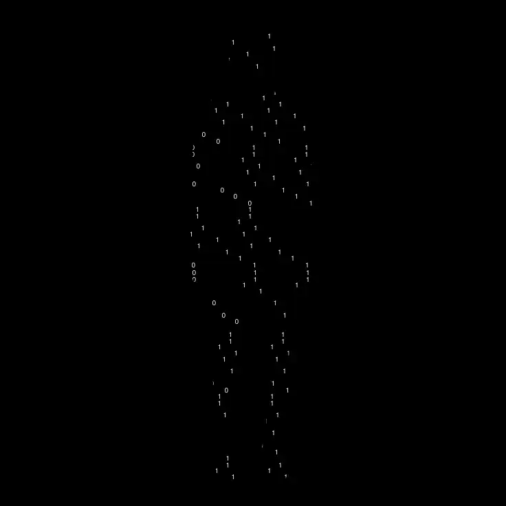 Silhouette humaine composée de code binaire en blanc sur fond noir