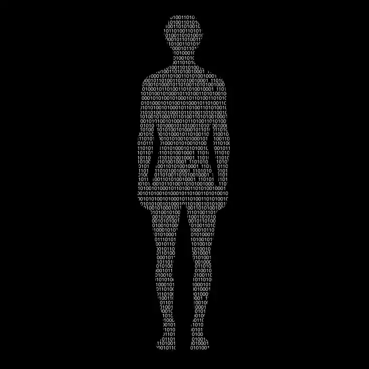 Silhouette humaine composée de code binaire en blanc sur fond noir