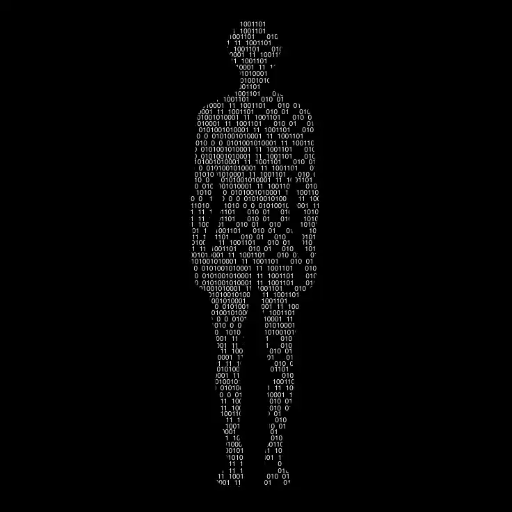 Silhouette humaine composée de code binaire en blanc sur fond noir