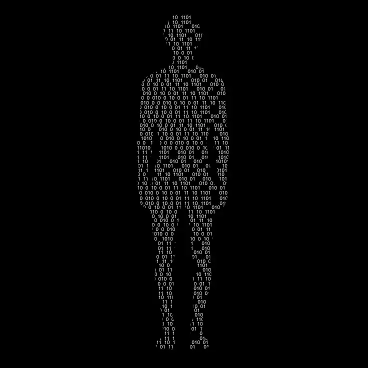 Silhouette humaine composée de code binaire en blanc sur fond noir