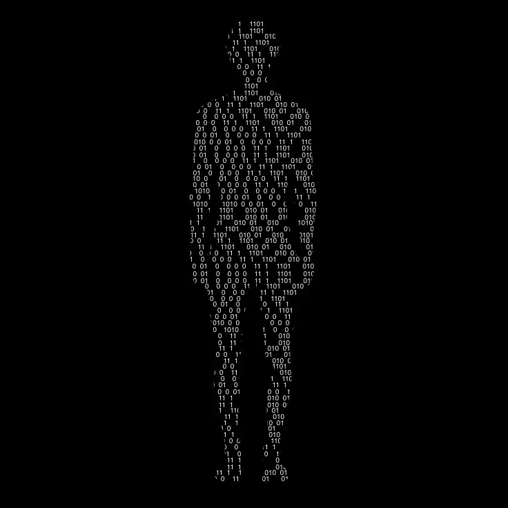 Silhouette humaine composée de code binaire en blanc sur fond noir