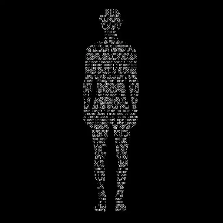 Silhouette humaine composée de code binaire en blanc sur fond noir