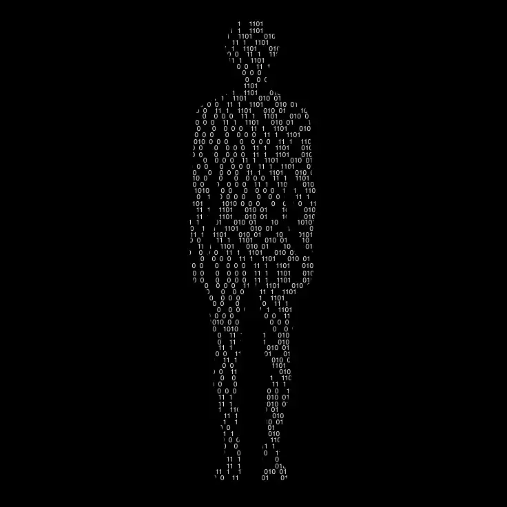 Silhouette humaine composée de code binaire en blanc sur fond noir