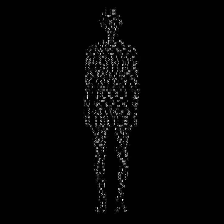 Silhouette humaine composée de code binaire en blanc sur fond noir