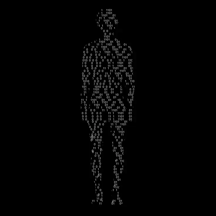 Silhouette humaine composée de code binaire en blanc sur fond noir