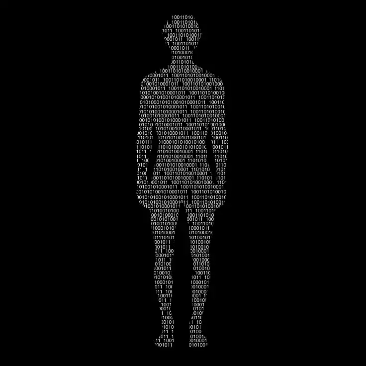 Silhouette humaine composée de code binaire en blanc sur fond noir