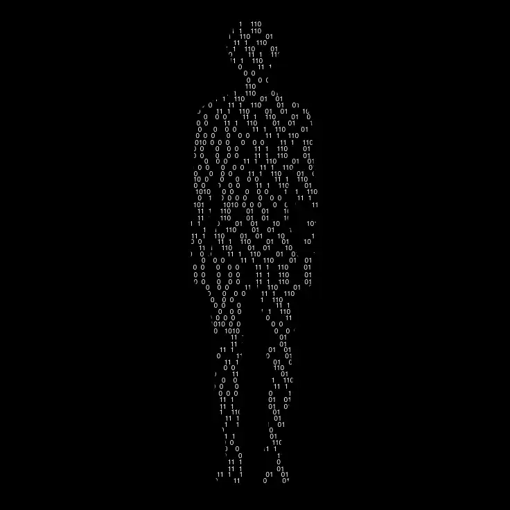 Silhouette humaine composée de code binaire en blanc sur fond noir