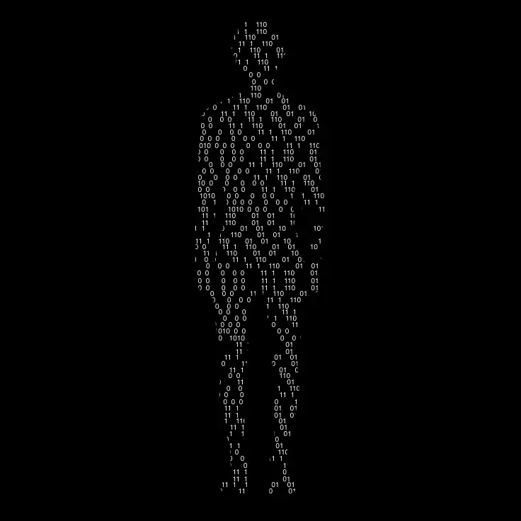 Silhouette humaine composée de code binaire en blanc sur fond noir
