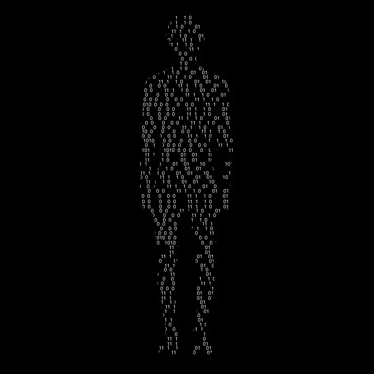 Silhouette humaine composée de code binaire en blanc sur fond noir