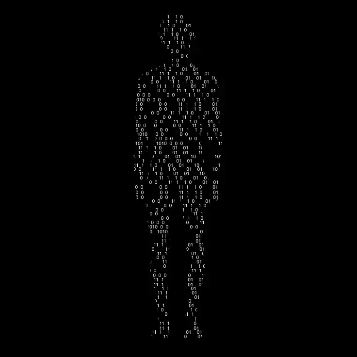 Silhouette humaine composée de code binaire en blanc sur fond noir