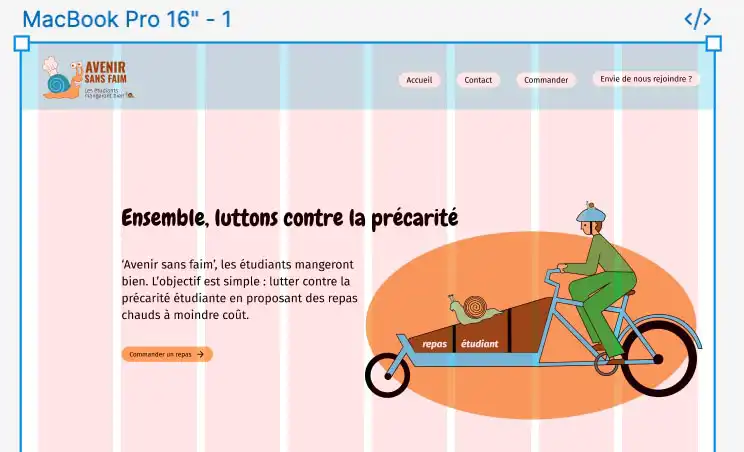 Capture d'écran de la maquette d'Avenir Sans Faim avec la grille de travail visible.