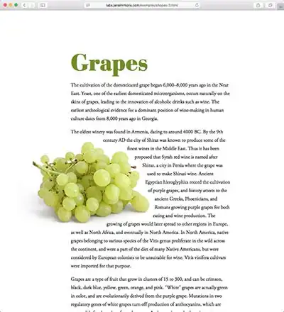 Mise en page réalisée par Jen Simmons. Un texte qui suit la forme d'une grappe de raisin